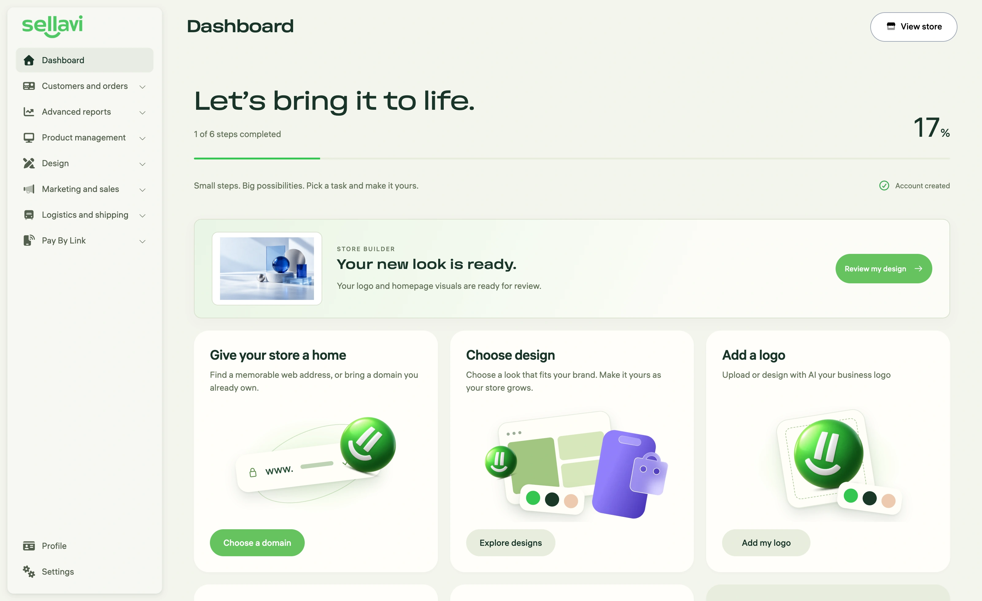 Actual Sellavi onboarding dashboard with Store Builder, domain, design, and logo setup cards